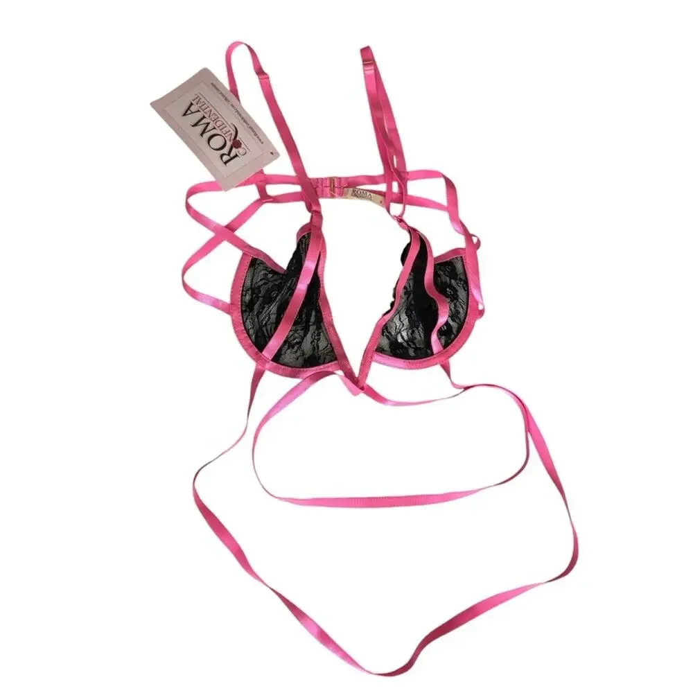 Roma Confidential Black Pink Strappy‎ Garter Bra Underwire Support Set Small NEW